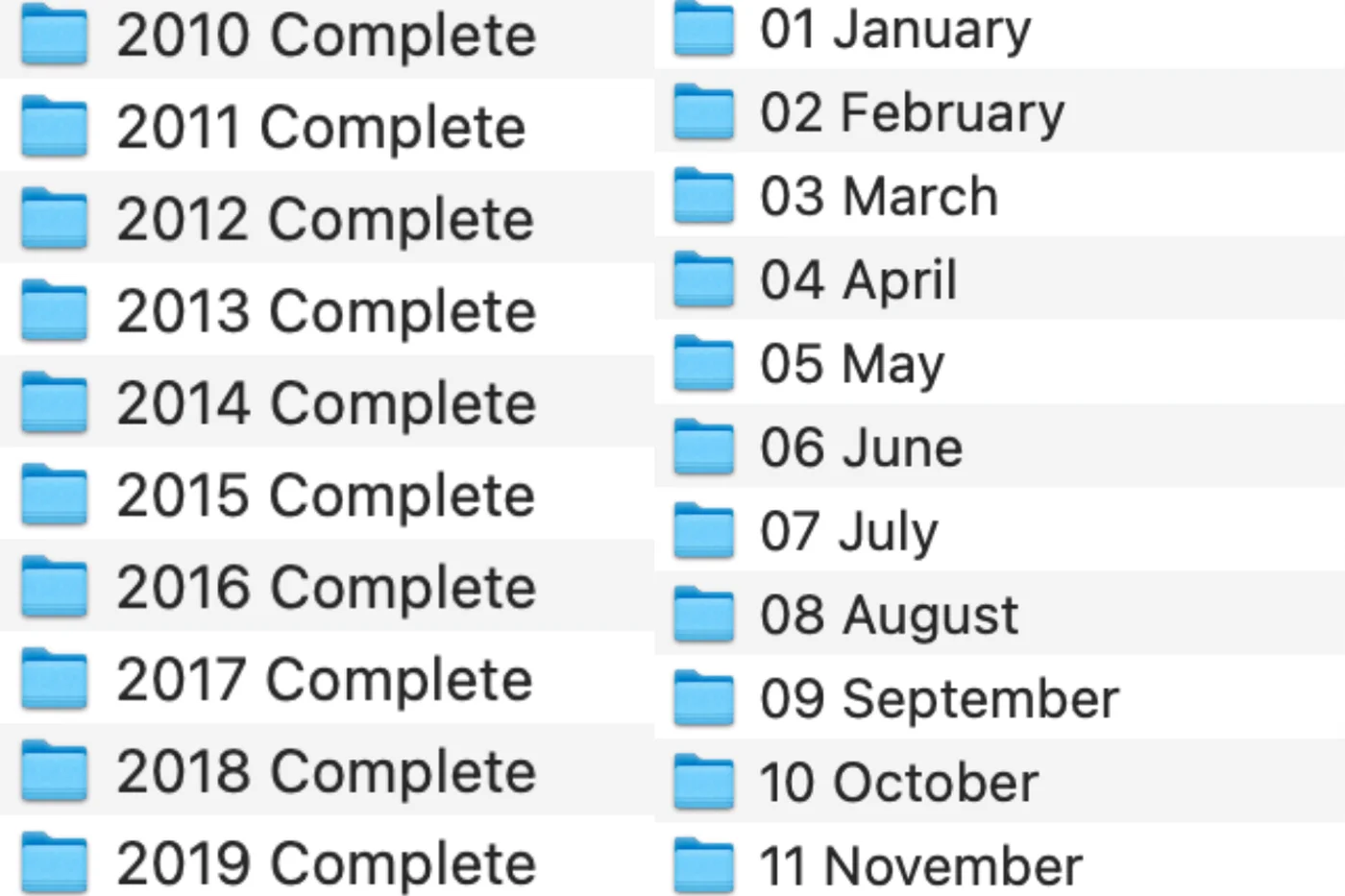 Archive folders organized by year and month — easy to navigate